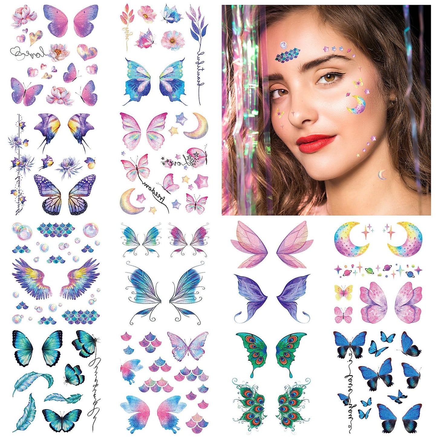 cobee 100pcs Face Temporary Tattoos, 12 Sheet Glitter Butterfly Fake Tattoos Stickers Bling Metallic Freckle Tattoo Water Transfer Tattoo Art Face Arm Body Sticker for Women Makeup Birthday Rave