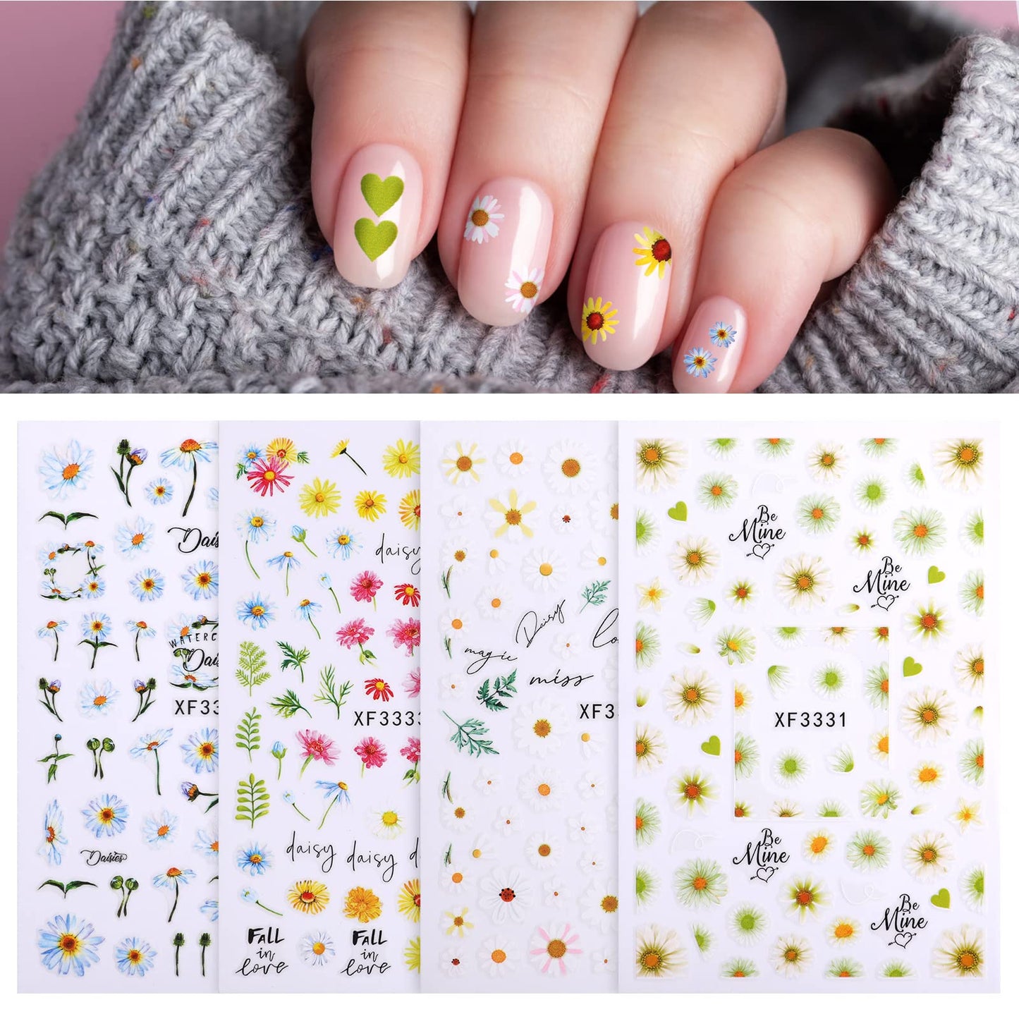 Cobee Sunflower Daisy Nail Art Stickers, 13 Sheets Flower Nail Decals elf Adhesive Manicure Stickers Floral Stickers for Women DIY Nails Art Decoration