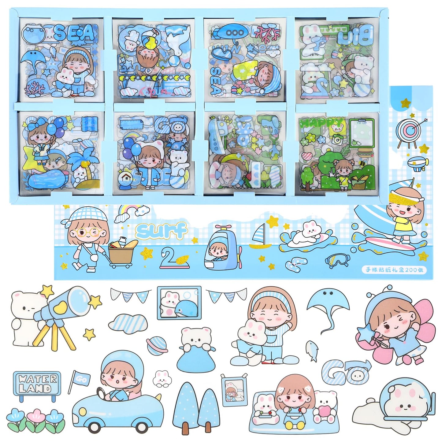 Giantree 200Pcs Blue Cute Stickers for Cute Girls Party, Waterproof Vinyl Transparent Stickers Kawaii Stickers Girls Gifts Stickers for Kids Teens Water Bottle Notebook Laptop Scrapbook Journaling