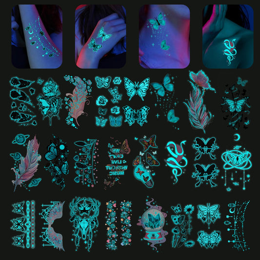 JIEYAO 24 Sheets Luminous Butterfly Temporary Tattoos for Women The Dark Tattoos Flower Butterflies Wings Fake Tattoo Stickers Night Glitter Tattoos for Face Body Makeup Party Favors Gifts
