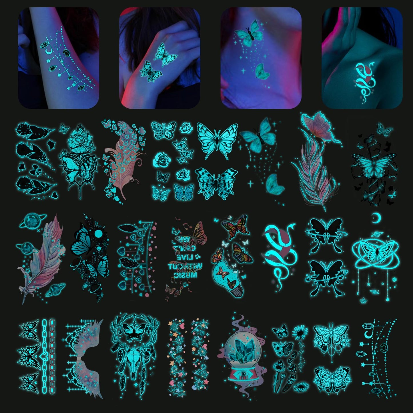 JIEYAO 24 Sheets Luminous Butterfly Temporary Tattoos for Women The Dark Tattoos Flower Butterflies Wings Fake Tattoo Stickers Night Glitter Tattoos for Face Body Makeup Party Favors Gifts