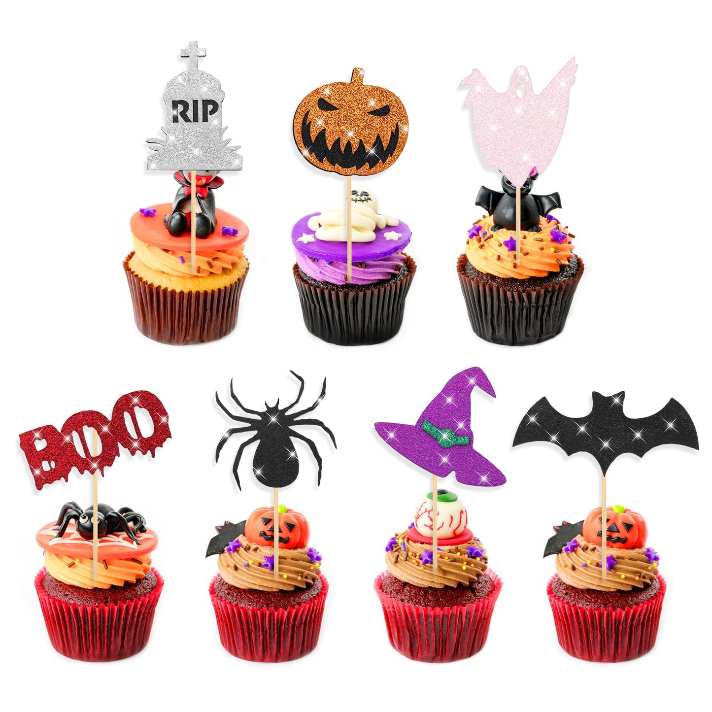 Cobee Halloween Cupcake Toppers, 21 Pieces Halloween Cupcake Decorations Glitter Pumpkin Witch Ghost Cake Cupcake Picks for Halloween Party Decor 7 Style(C)