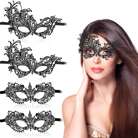 Andibro 4Pcs Black Masquerade Lace Mask, Women Lace Eye Masks for Venetian Masquerade Party Costume Party Halloween Carnival Ball Proms(Black)