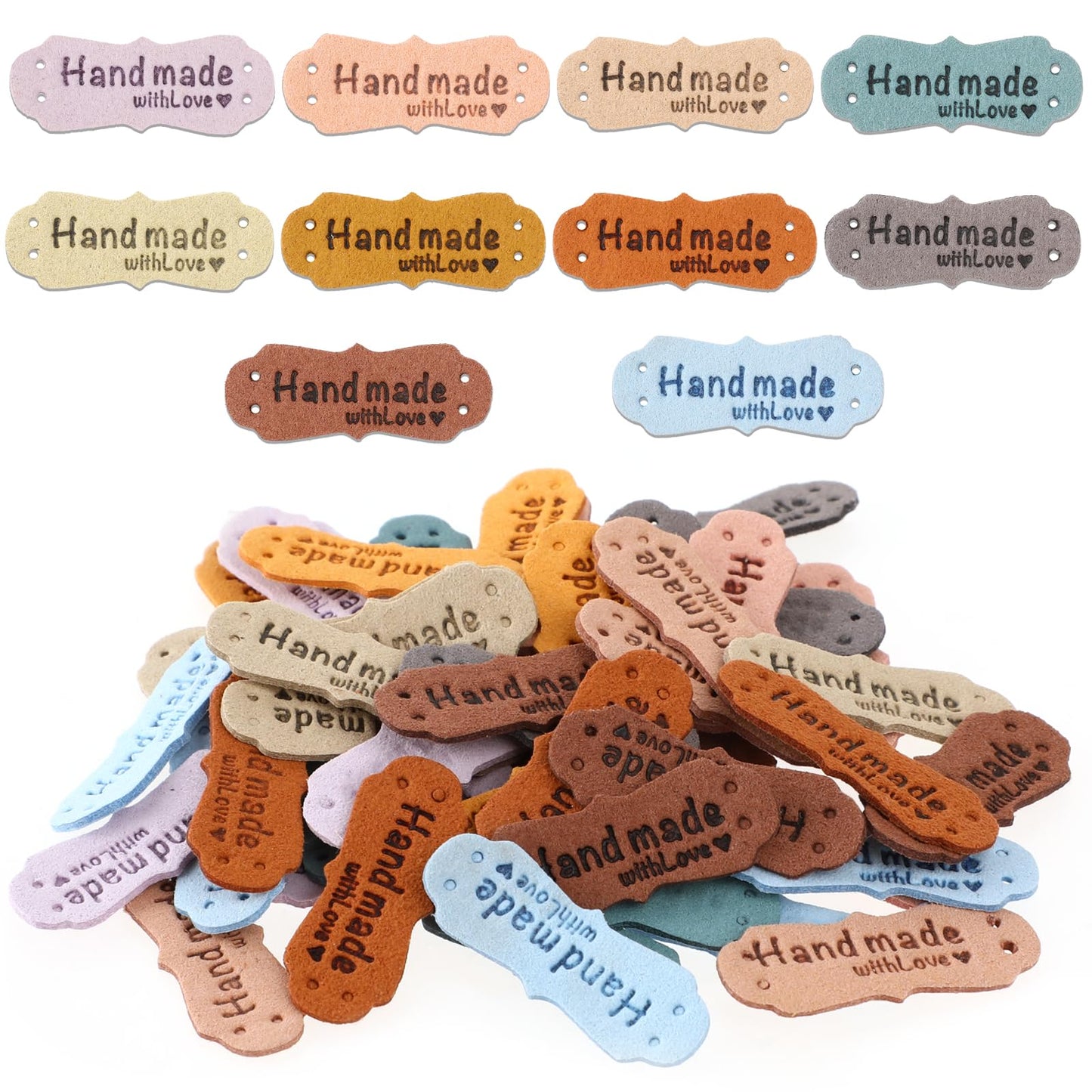 Molain 60Pcs Handmade Sewing Labels, PU Leather Labels Sewing Labels for Handmade Items with Hole DIY Sewing Lables for Embellishment Crochet Knitting Hats Craft Supplies (10 Styles)