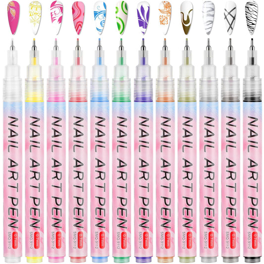 Amaxiu Nail Art Drawing Pen, 12 Colors Nail Art Pens Set Waterproof Nail Polish Pen Quick Dry Nail Art Graffiti Painting Pen DIY Abstract Lines Detail Pen Manicure Polish Tools(0.5mm, Metal Pen Nib)