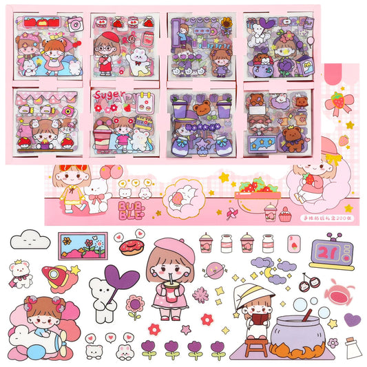 Amabro Kawaii Cute Stickers Set, 200 Sheets PET Transparent Waterproof Stickers Kit Cartoon Girls Stickers Decal Boxed Gifts for Notebook Laptop Scrapbook Journaling Water Bottles(Pink)