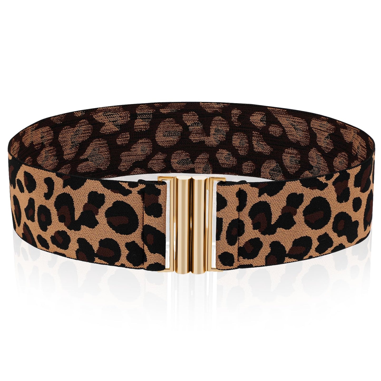 Amabro Women Stretch Waist Belts, Skinny Elastic Wide Waistband Leopard Print Retro Dress Tuck Belt, Unique Buckle (Gold)
