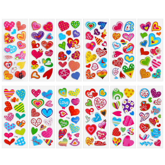 cobee 3D Love Heart Stickers for Kids, 12 Sheets Colorful Puffy Sticker Love Stickers for Kids Heart Decorative Decals Teacher Reward Sticker for Boys Girls Craft Party