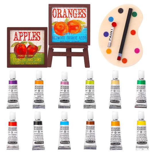 Cobee 16 Pcs Dollhouse Painting Tool Set, 1:12 Miniature Doll House Accessory Wooden Easel Oil Painting Palette Model Dollhouse Furniture Decoration Accessories