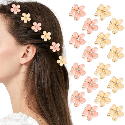 Amabro Mini Flower Hair Claws, 16PCS Small Rhinestone Hair Clips Crystal Floral Barrettes for Girls Women Bride Decorative Bun Tiny Wedding Party Daily Clamps Accessories