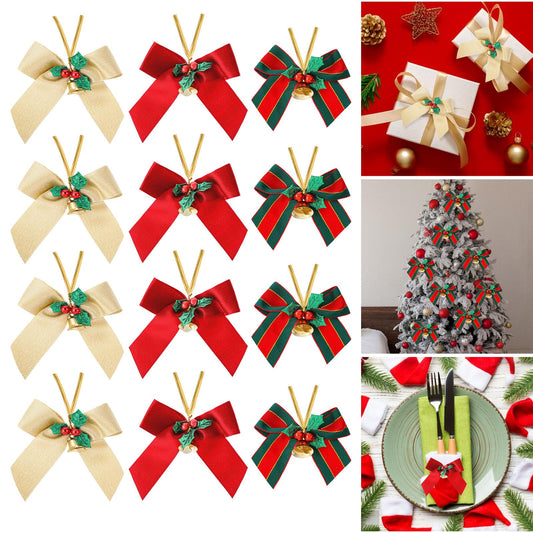 Amaxiu Christmas Bows with Bells, 12 PCS 2.7-3.5in Christmas Tree Bows Christmas Mini Bowknot Xmas Hanging Ornament Gift Ribbon Bows for Christmas Decoration Presents (Gold, Red,Green)