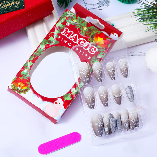 Bewudy 24 Pcs Christmas Press on Nails, Grey Snowflake French Tip Long Press on Nails, Full Cover Nail Extensions False Nail Art Tips (Grey)