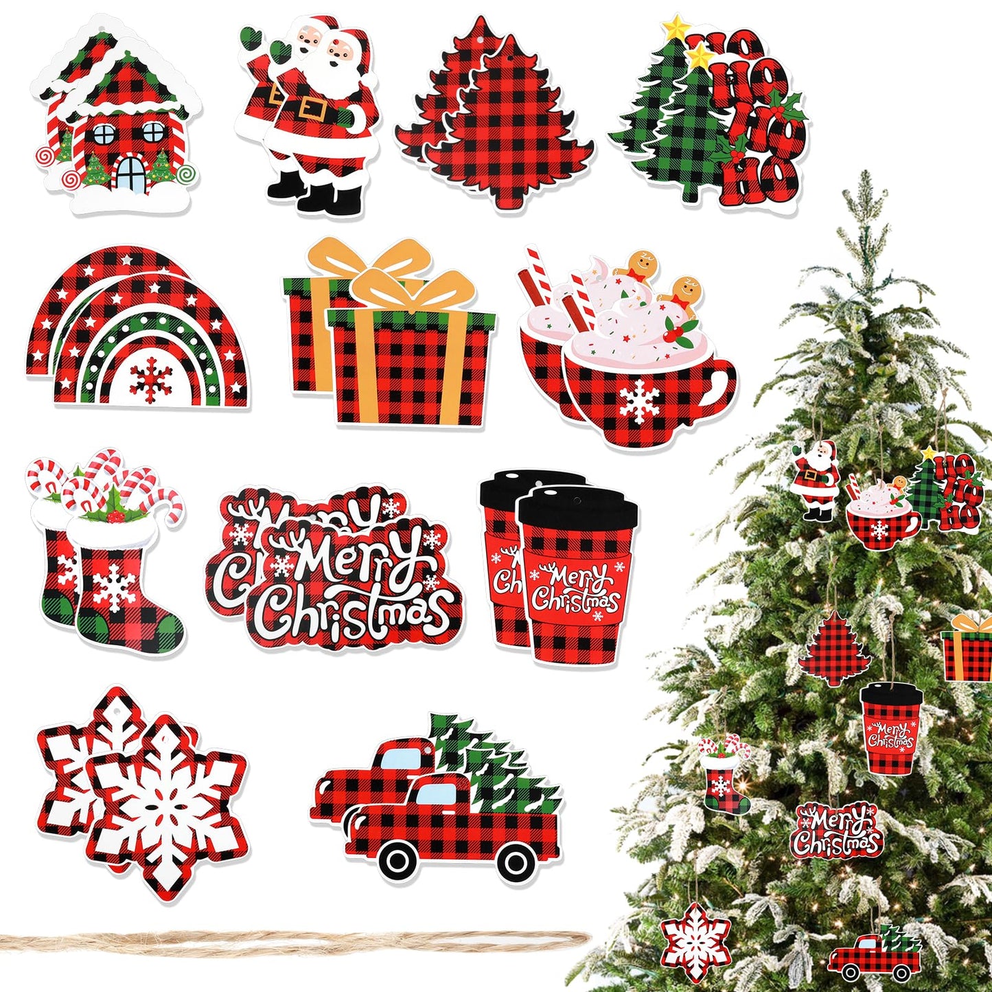 TIESOME Christmas Tree Hanging Ornaments, 24Pcs Paper Christmas Tree Decoration Xmas Hanging Decor Christmas Craft Supplies for Santa Claus Christmas Socks Truck Snowflake Favor Ornaments