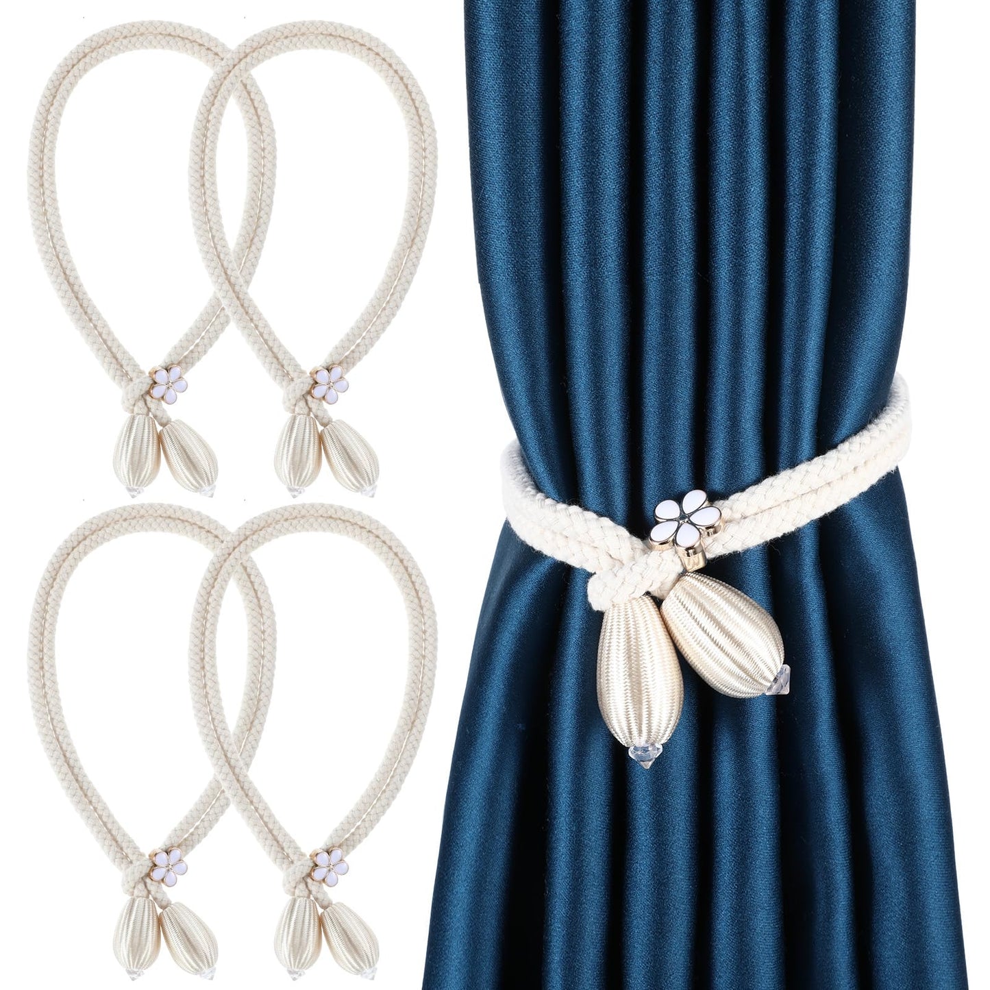 MBAIYO Pack of 4 Curtain Tiebacks, Flower Curtains, Tiebacks for Curtains, Adjustable Cotton Curtain Holder, Cute Decorative Curtain Holders, Curtains Rope for Home, Office, Children's Room