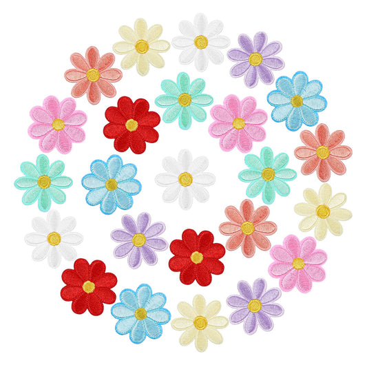 MBAIYO 24 Pcs Daisy Flower Patches, Cute Flower Iron On Patch Embroidered Applique Sewing Floral Patches DIY Repair Decoration for Clothes Bags Jackets 4x4cm/1.6x1.6in 8 Colors