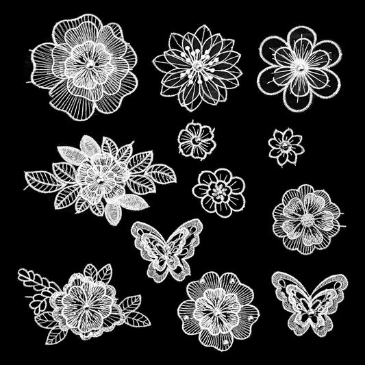 AOZUO 12 PCS Flower Lace Embroidered Applique, White Pearl Floral Sew On Patches Butterfly for Clothes Repairing Decorating Wedding Dress DIY Sewing Craft