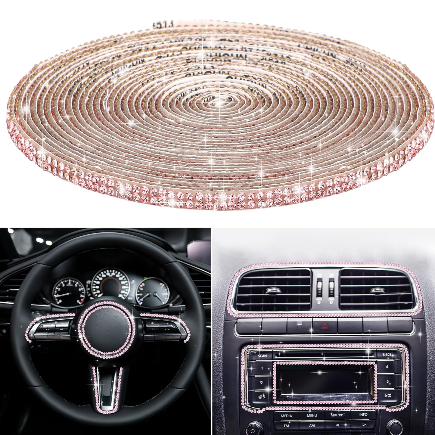 Amabro Bling Car Trim Self-Adhesive, Rhinestone Car Trim Strips Line Molding Stickers for Car Dashboard Decoration Glitter Car Interior Exterior Accessories 16.4 Ft(Pink)