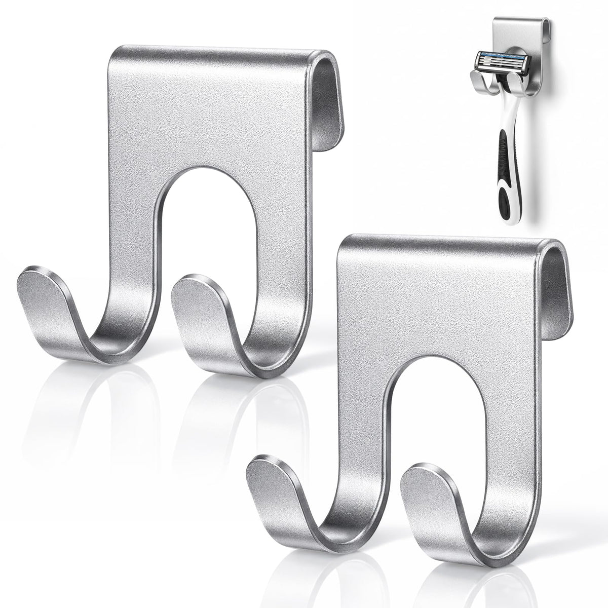 SHENLIU Pack of 2 Razor Holder Shower, Stainless Steel Shaving Holder Shower No Drilling Self-Adhesive Razor Holder Shower Waterproof Shaving Hook Razor Holder for Bathroom Kitchen Wall (Silver)