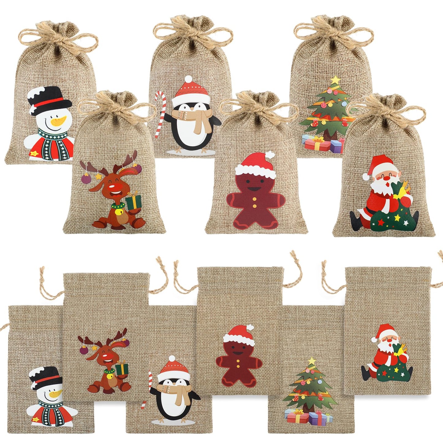 Bewudy 12Pcs Christmas Small Gift Bags, Burlap Christmas Drawstring Gift Bags, Christmas Burlap Bags for Xmas Candy Gift Party Supply