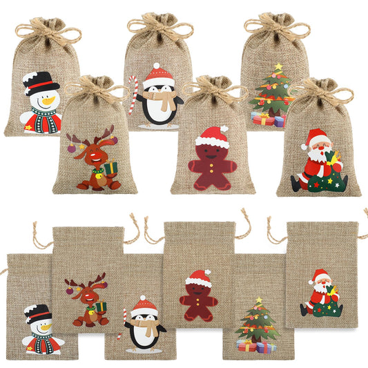 Bewudy 12Pcs Christmas Small Gift Bags, Burlap Christmas Drawstring Gift Bags, Christmas Burlap Bags for Xmas Candy Gift Party Supply
