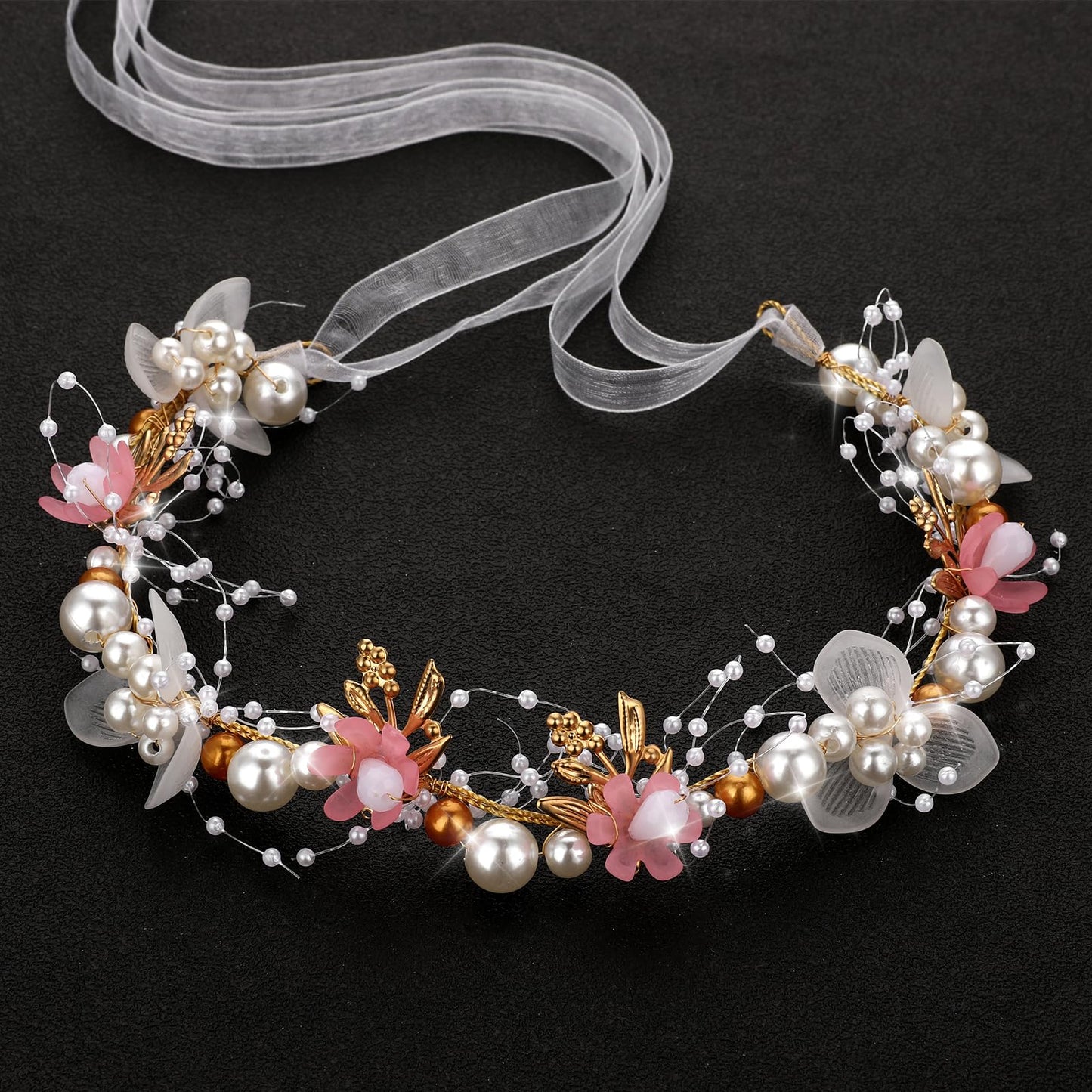 Amaxiu Wedding Bridal Pearl Headband, Flower Girl Pearl Hair Vine Princess Hair Accessories Crystal Headpieces for Women Wedding Party Photography (Pink)