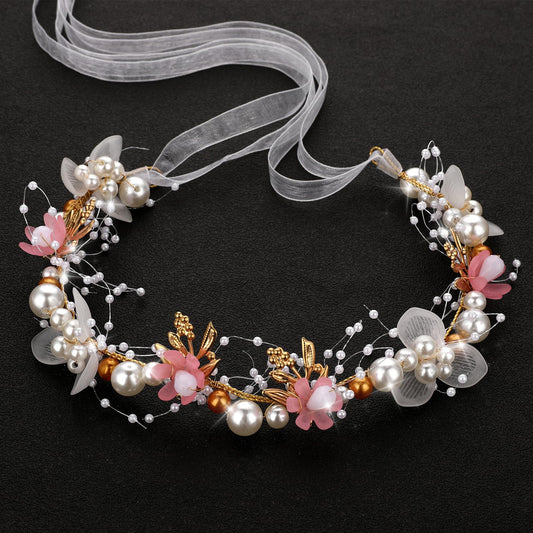 Amaxiu Wedding Bridal Pearl Headband, Flower Girl Pearl Hair Vine Princess Hair Accessories Crystal Headpieces for Women Wedding Party Photography (Pink)