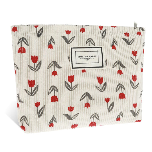 Giantree Travel Small Cosmetic Bag Tulip Printing, Corduroy Makeup Bag Portable Toiletry Bag with Zipper Storage Bag Makeup Organizer for Women Girls(Rot Blume)