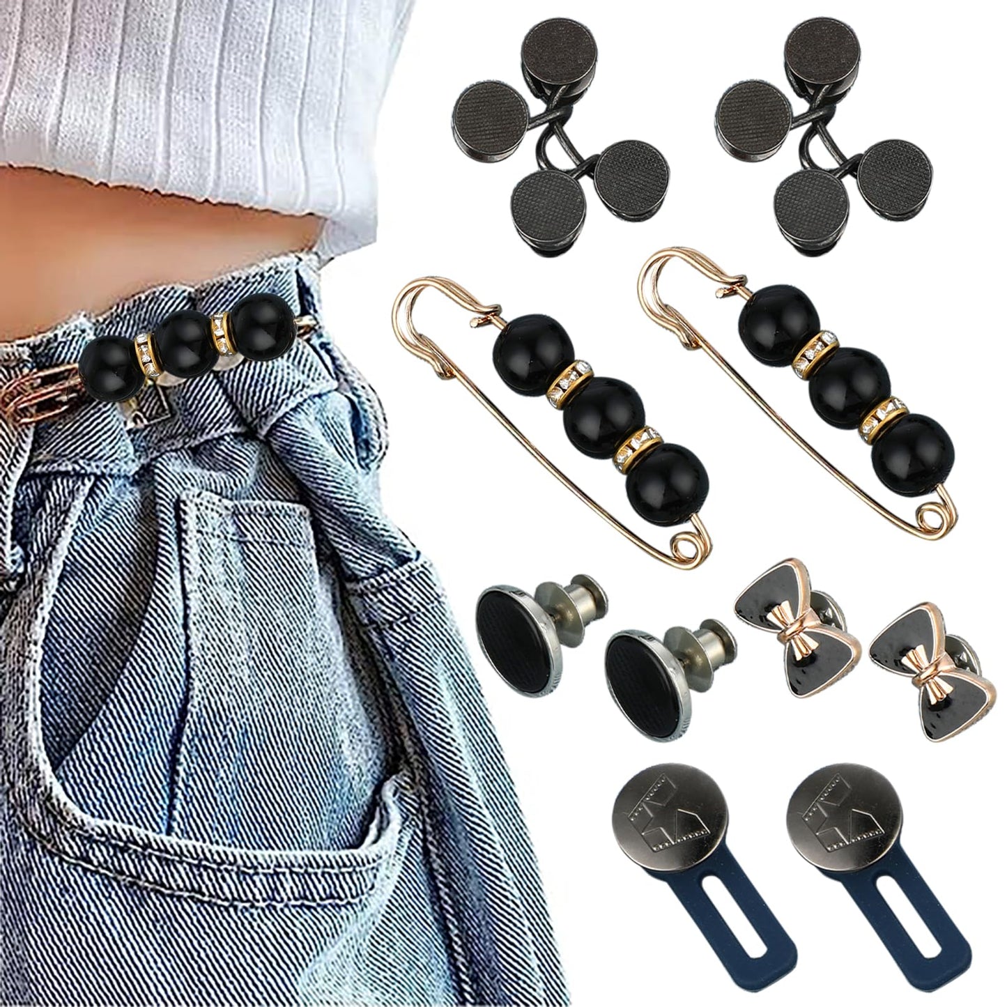 Cobee Pant Waist Tightener, 10 Sets Waist Buckle Clips No Sewing Jean Button Pins Tighten Buttons for Jeans Pants Waist 5 Styles(Black)