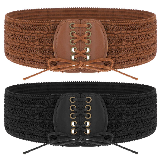 TIESOME 2 PCS Lace Up Corset Belts, Tied Corset Belt for Women Elastic Waist Belts Costume Belt Faux leather Belts