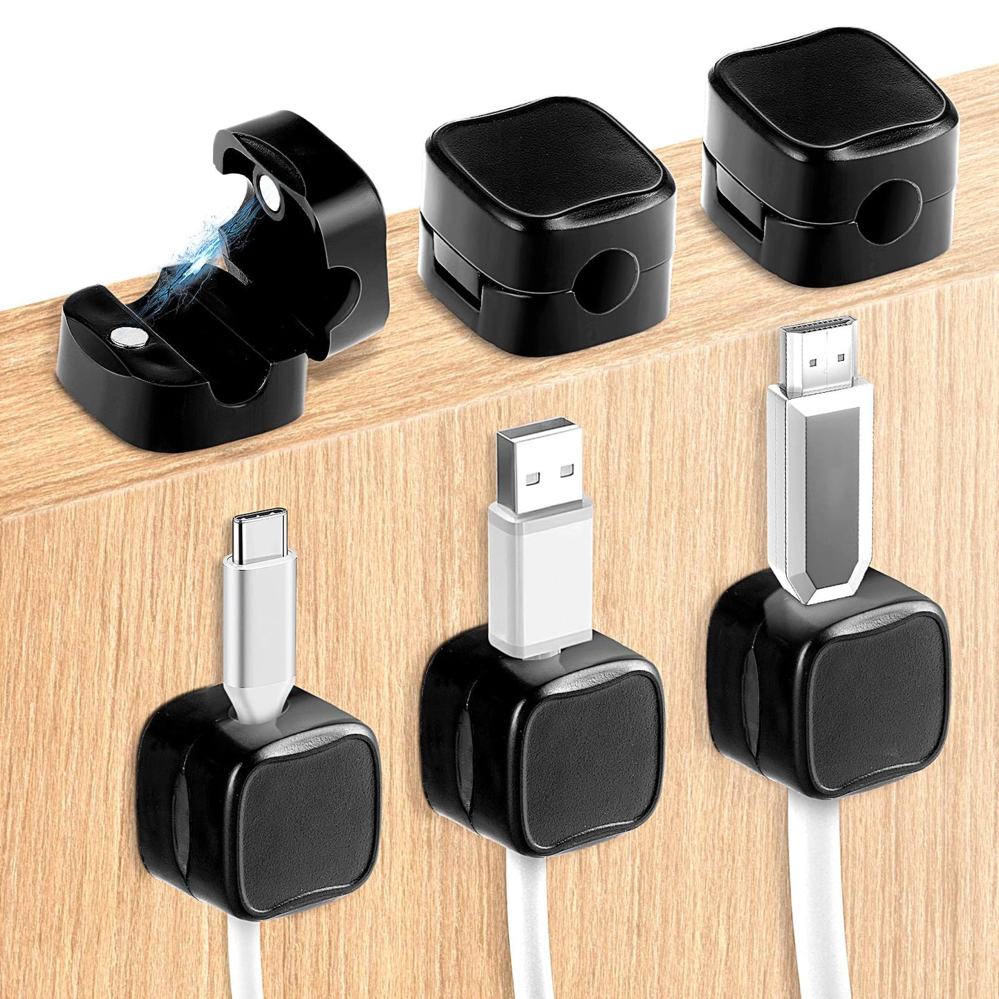 Jeffdad 6 Pcs Magnetic Cable Holder, Under Desk Cable Clips Management, Magnetic Cord Organizer, Hide Phone Charging Cable Keeper, Cord Holder for Home Office Desk Phone Car Wall(6 Pcs Black)