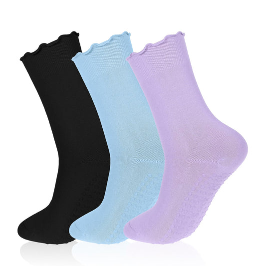 HJZHII 3 Pairs Pilates Socks, Non Slip Yoga Socks Grip Ruffle Socks Anti Skid Athletic Socks Long Crew Socks for Women Girls Yoga Ballet Workout Dance Trampoline, Black + Blue + Purple, 12 Wide