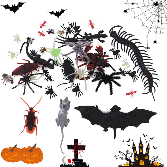 Amaxiu Realistic Bugs Set, 44 Pcs Gags Prank Trick Joke Toys, Fake Cockroaches, Spiders, Gecko, Scorpions, Centipede, Bat, Mice, Ant, Fly for Party Decorations