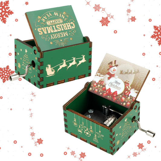 Amaxiu Christmas Music Box Gift, Wooden Hand Crank Music Boxes Mini Vintage Engraved Musical Boxes with Christmas's Theme Merry Christmas Decorations Gifts for New Year (Merry Christmas, A)