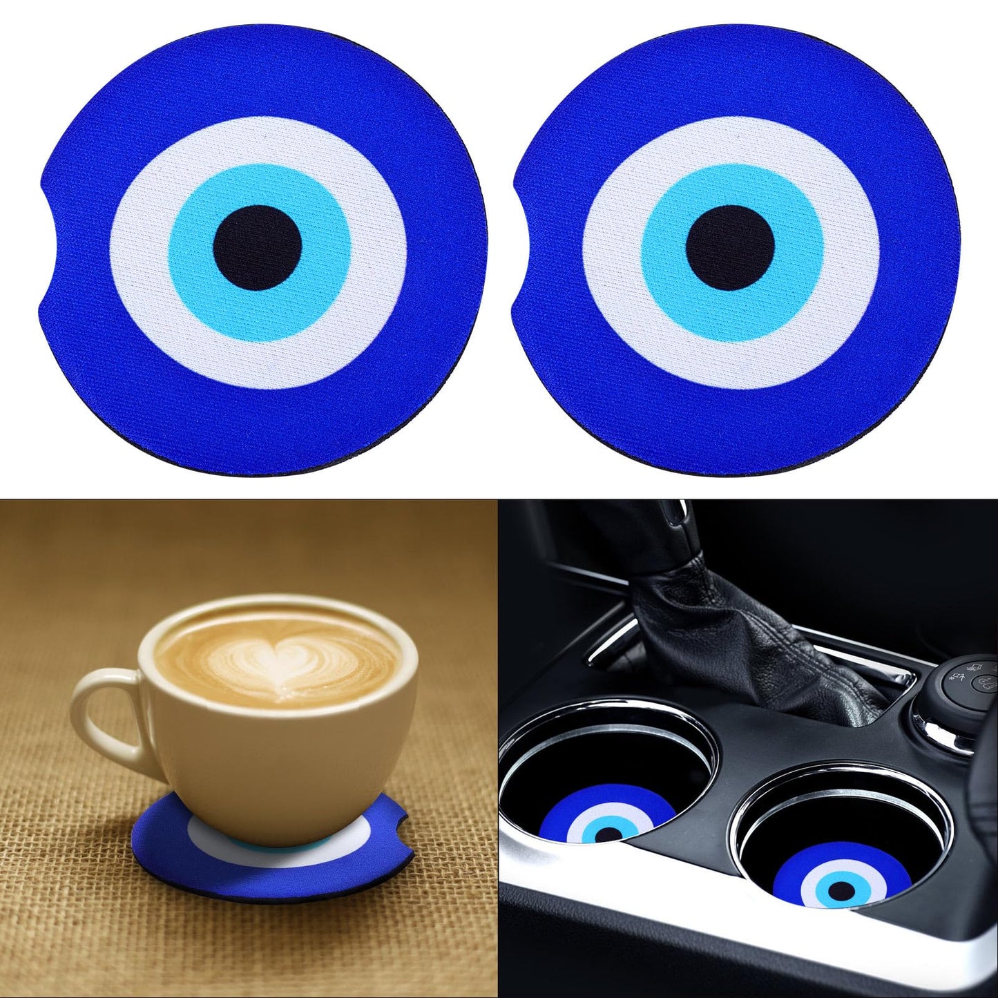 simarro 2Pcs Car Cupholder Coaster Absorbent, Rubber Blue Evil Eye Automotive Cup Holder Universal Non-Slip Cup Holders Car Interior Accessories for Women Men