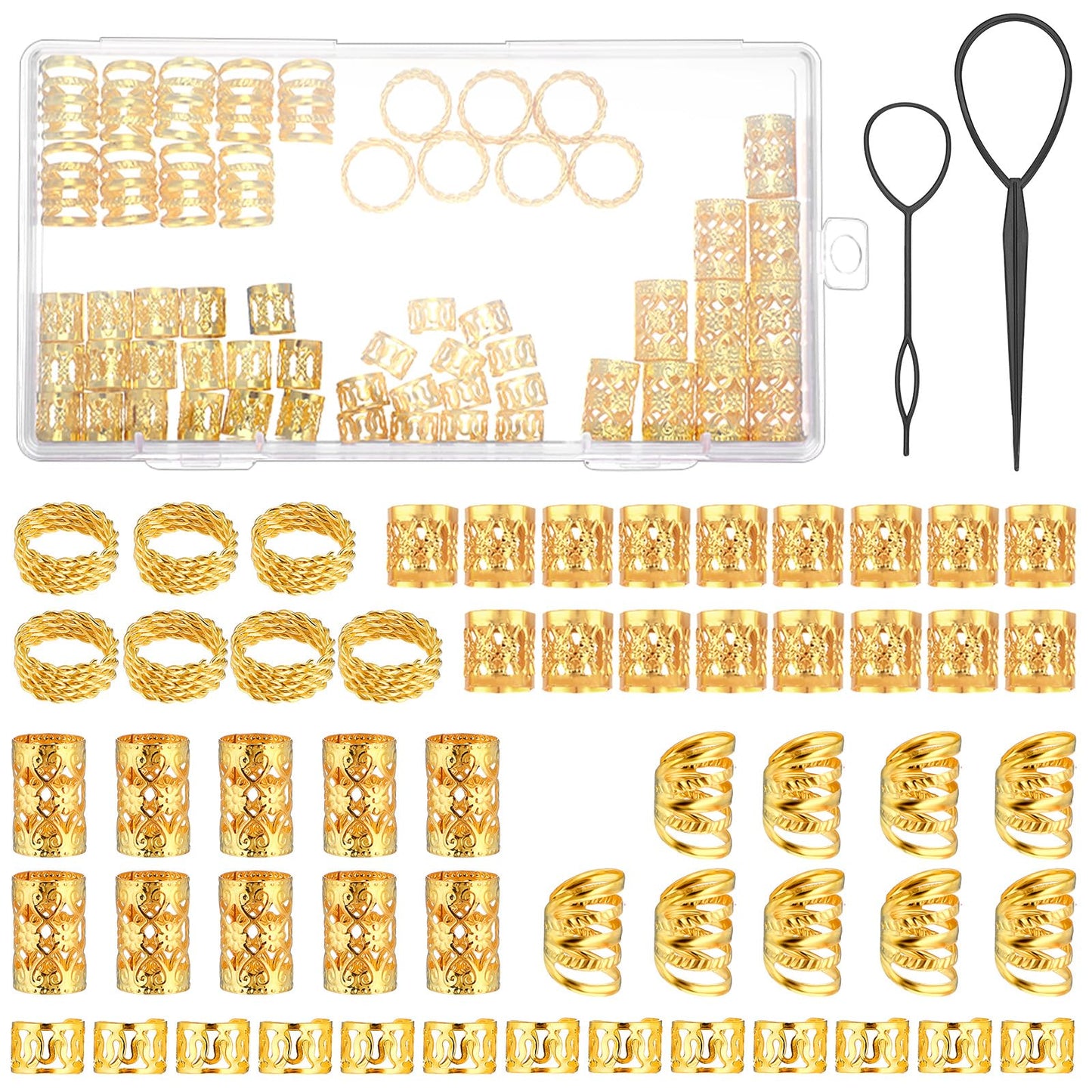 JIEYAO Gold Hair Jewelry for Braids, 110 Pcs Dreadlocks Beads, Hair Braid Rings Clips Dread Locks Coils Rings Loc Tube Bead Braid Accessories with 2 Pcs Pull Hair Pins for Braids Decoration