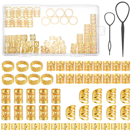 JIEYAO Gold Hair Jewelry for Braids, 110 Pcs Dreadlocks Beads, Hair Braid Rings Clips Dread Locks Coils Rings Loc Tube Bead Braid Accessories with 2 Pcs Pull Hair Pins for Braids Decoration