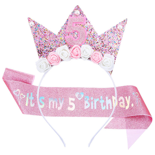 HJZHII Birthday Princess Crown and Sash Set, Glitter Flower Tiara Decorations for Girls Happy Birthday Party Headband Outfit Decor(5th)