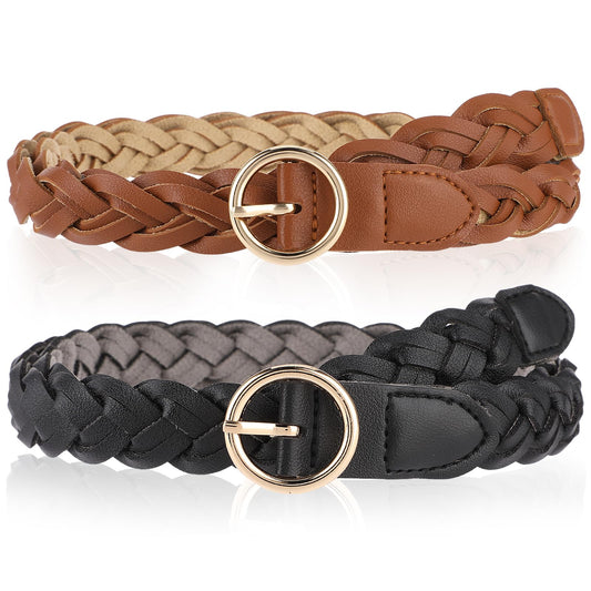 Amaxiu 2Pcs Women Braided Skinny Leather Belts, Handwoven Waist Belt Thin Woven Belt PU Leather Braided Belt for Dress Jean