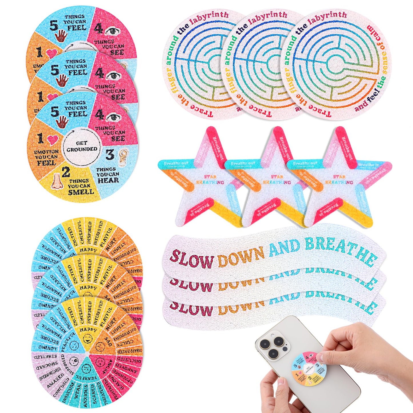 TIESOME 15 Pcs Calm Stickers for Anxiety Sensory Stickers, Anti Stress Tactile Textured Stickers Breathing Stickers Fidget Textured Calm Strips for Kids Adult Anxiety Relief Desk Phone Stress