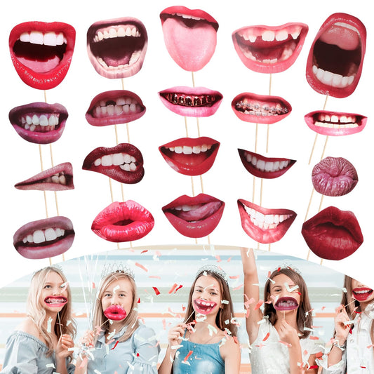 AOZUO 20PCS Funny Lip Mouth Photobooth Props, Handheld Party Selfie Photo Props Accessories for Carnival Wedding Table Decoration Birthday Graduation Halloween Decoration Supplies(Red)
