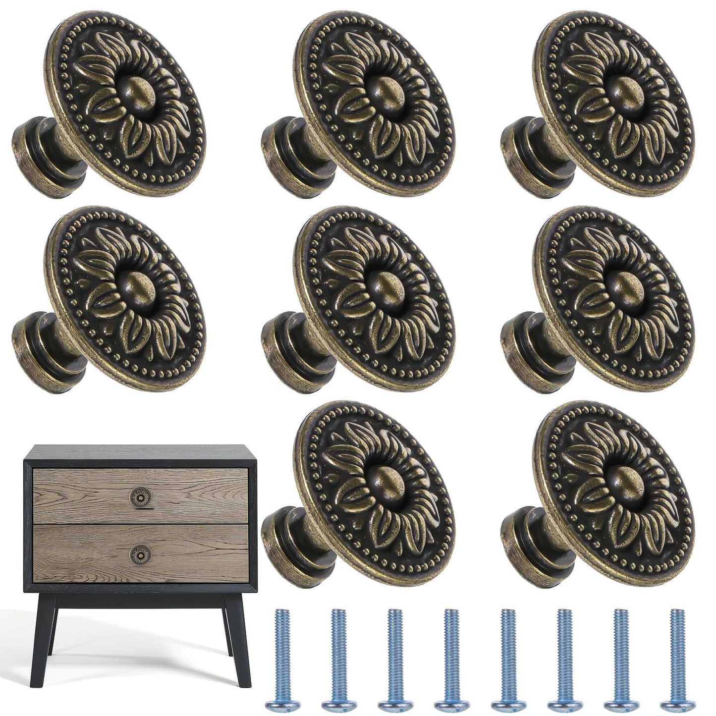 JJUNW 8 Pcs Pull Handle Metal Flower Shape Cabinet Drawer Door Knob Bronze Tone, Vintage Flower Shape Cabinet Drawer Knobs, Flower Shape Antique Bronze Dresser Drawer Handles (Small)
