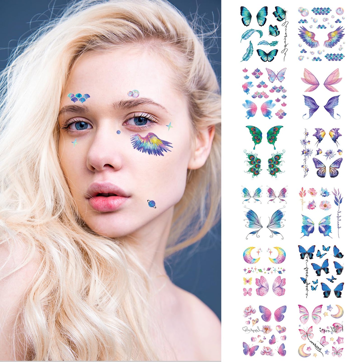 Amaxiu 12 Sheet Face Tattoos Sticker, 100pcs Glitter Face Temporary Tattoos Butterfly Fake Tattoos Stickers Bling Metallic Freckle Tattoo Flower Makeup Fake Tattoo Stickers for Halloween Cosplay