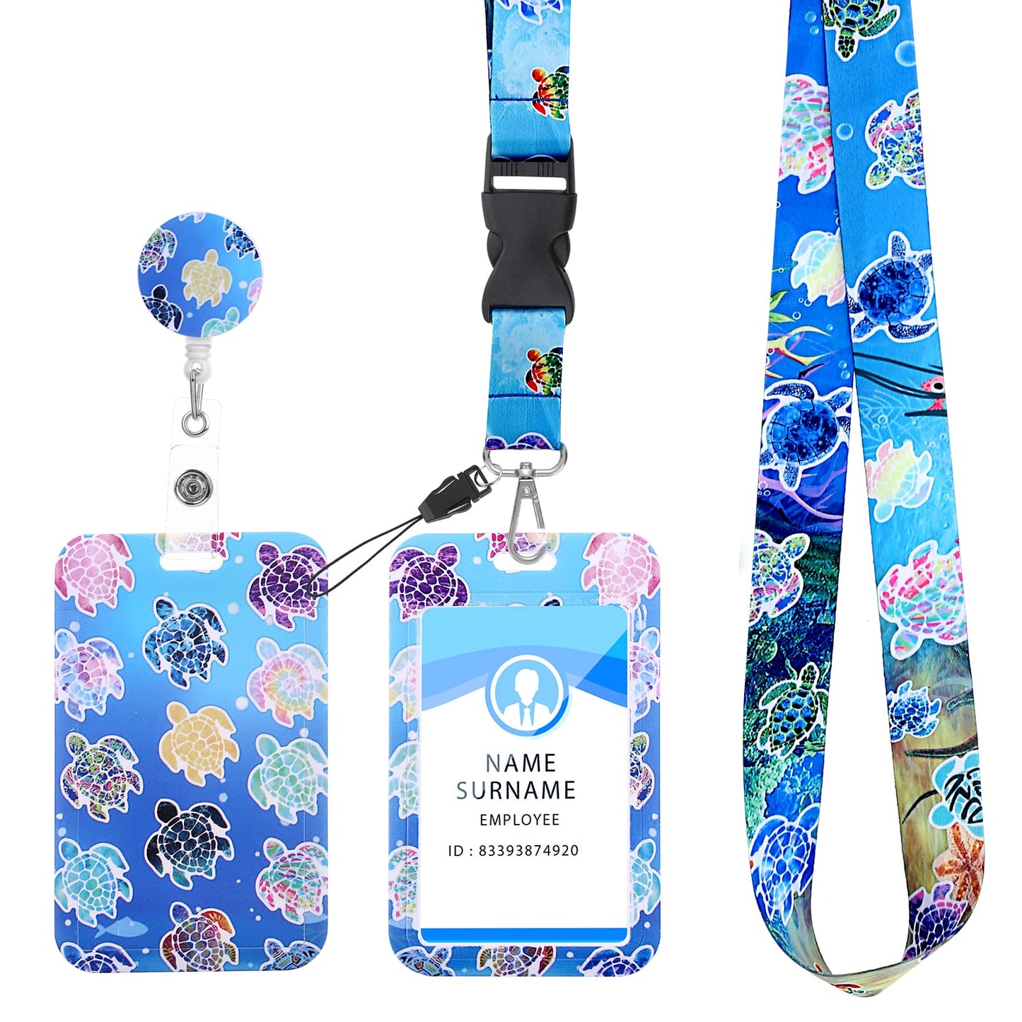 cobee Summer Sea Turtle ID Badge Holder with Lanyard, Marine Life Theme Retractable Badge Reel Clip and Detachable Lanyards with Card Holder Protector for Nurse Teacher Student Office School Supplies