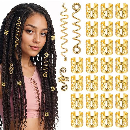 MBAIYO Gold Hair Accessories for Braids, Pack of 28 Dreadlocks Jewellery Adjustable Metal Cuffs Hair Beads Hair Spirals Clips Hair Braid Rings Braid Beads Accessories for Women Men Braids Decoration