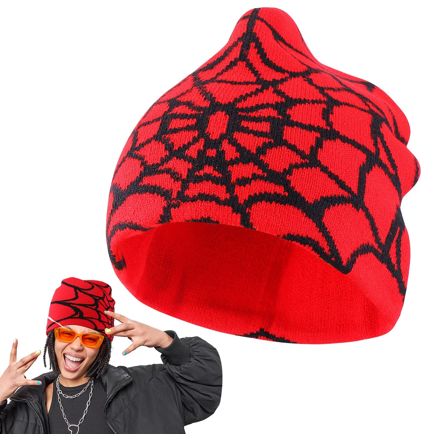TIESOME Knitted Spider Pattern Beanie(Red Black)