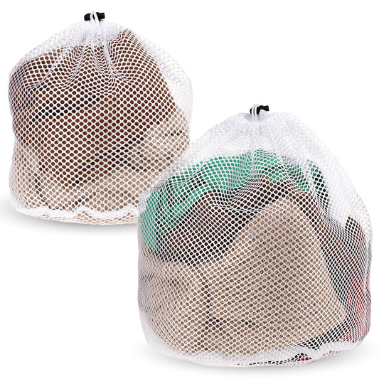 Giantree Pack of 2 Mesh Laundry Bags for Socks, White Laundry Nets with Drawstring Reusable Baby Laundry Bag Underwear Laundry Bag for Home Dorm Hotel Travel Use (White Coarse Mesh)