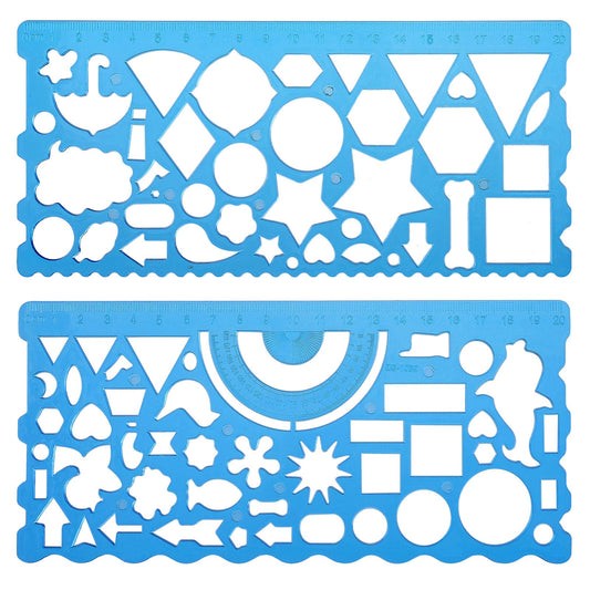 JIEYAO 2Pcs Geometric Stencils, Geometry Drawings Template Multi-Shaped Drafting Tools Plastic Measuring Templates Rulers Clear Drawing Triangle Tool Protractor Set for Studying Designing Office(Blue)