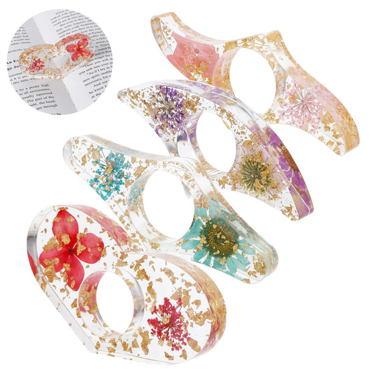 Giantree 4Pcs Dried Flower Book Holder, Handmade Thumb Book Page Holder Resin Clear Floral Book Holder Reading Accessories Ring Book Opener Bookmarks for Teachers Book Lovers