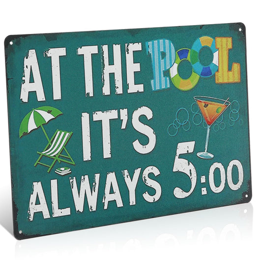 Andibro Pool Rules Sign, It's Always 5:00 Vintage Tin Sign Home Decor Backyard Patio Swimming Pool Sign Wall Decoration Sign 8x12In