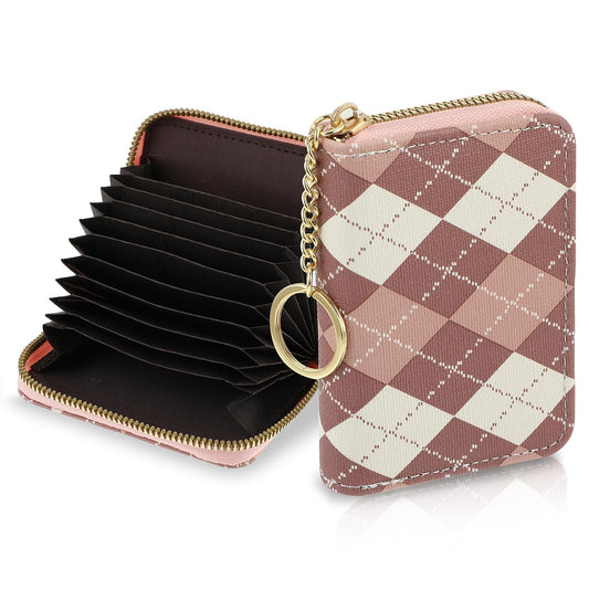 Bewudy Credit Card Holder RFID Wallets for Women, Diamond Plaid Pattern Wallet for Cards Holder with Keychain Zipper, Small RFID Card Wallet for Women Girls(Pink Purple)